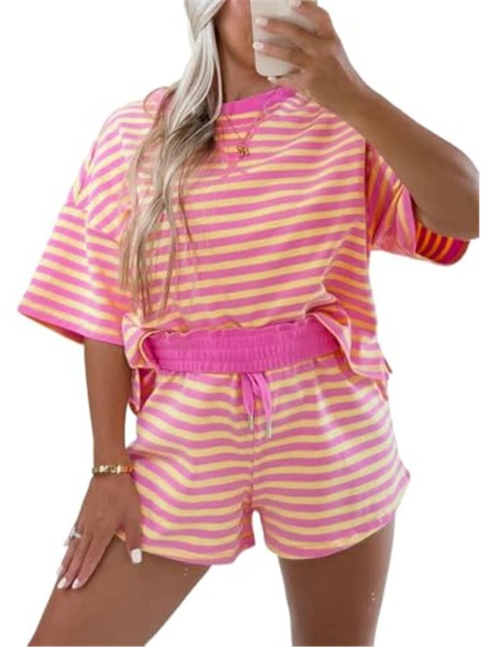 Pink Striped 2 Piece Lounge Set Oversized Tee & Drawstring Shorts